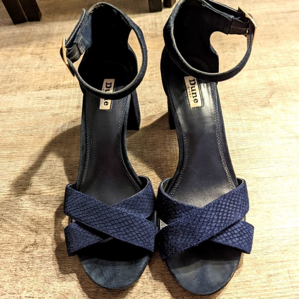 Dune London blue suede sandal ankle strap block heel sz 40 euc